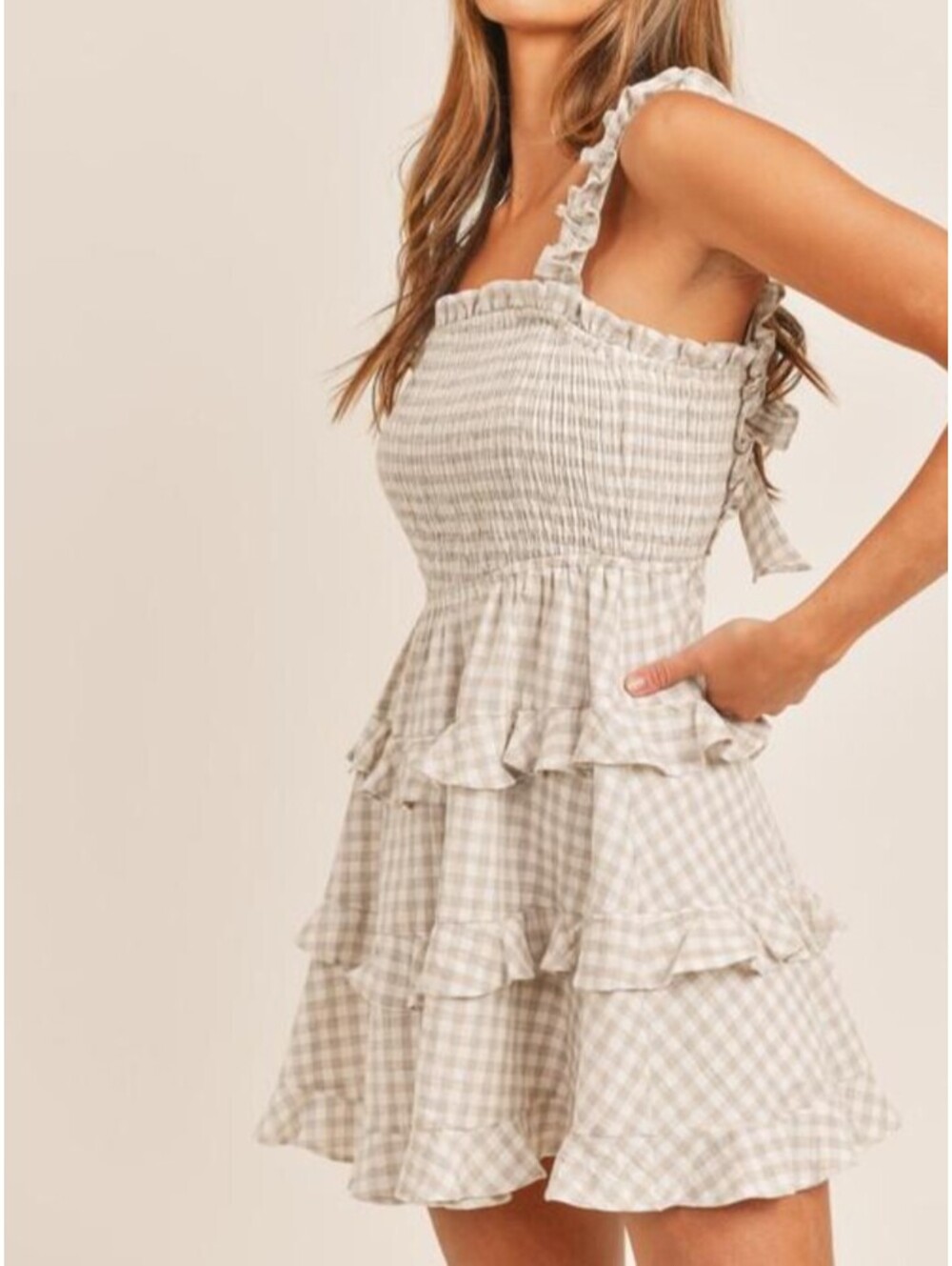 HAZEL BOUTIQUE brown white checkered cotton mini dress sz S